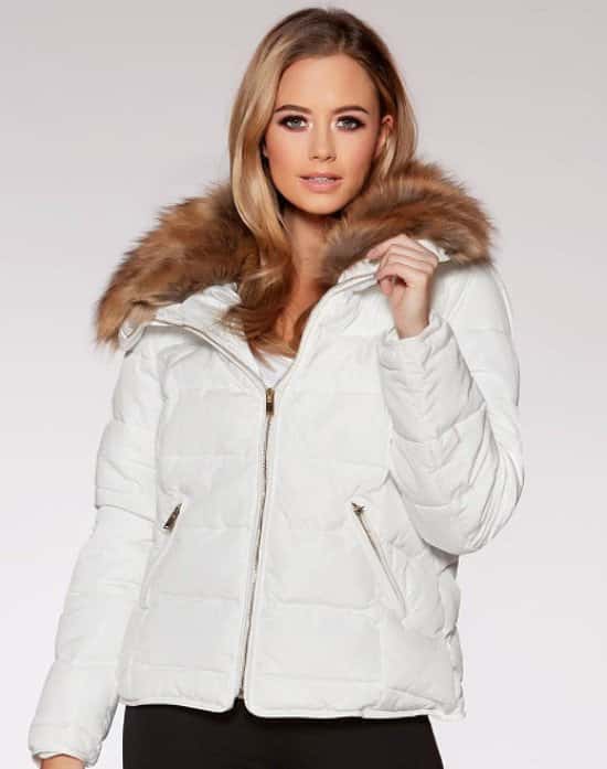 White Padded Faux Fur Collar Zip Jacket - SAVE 45%
