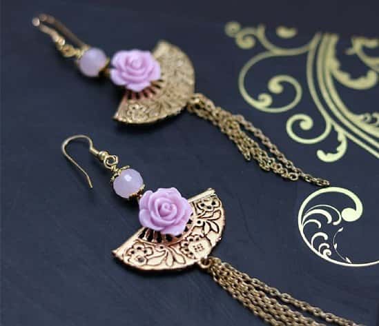 Gold and pink fan and rose dangle earrings: £18.00