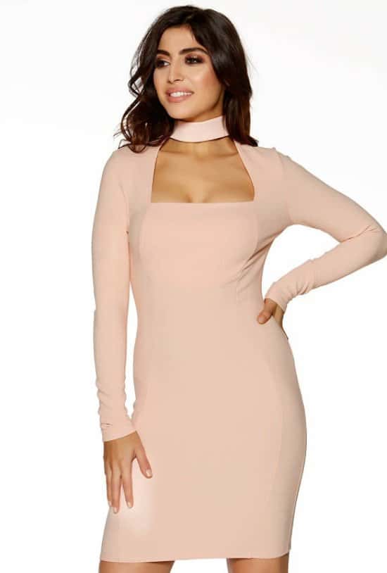 SAVE 68% on this Nude Ribbed Choker Neck Long Sleeve Bodycon Dress!