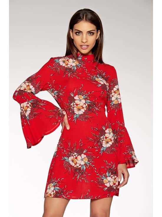 SAVE 1/3 on this Red Crepe High Neck Flute Sleeve Dress!
