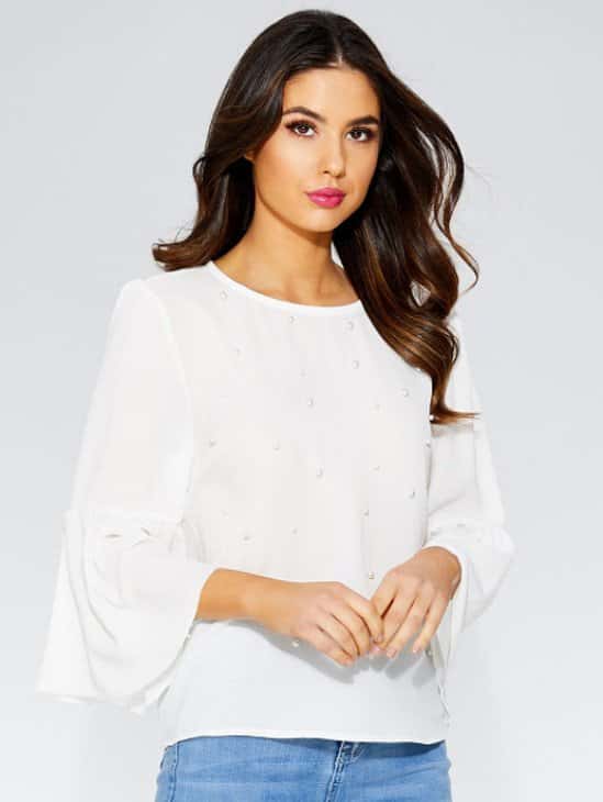 OVER 30% OFF - Crepe Pearl Frill 3/4 Sleeve Top!