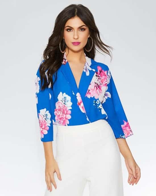 SAVE 20% on this Royal Blue Floral Lapel Bodysuit!