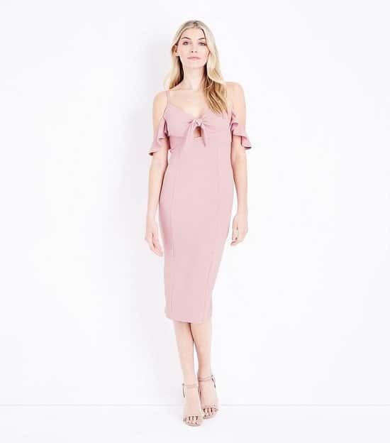 SAVE 50% OFF this Pale Pink Cold Shoulder Tie Front Midi Dress!