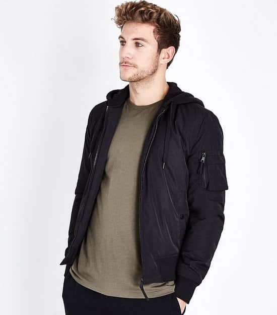 SAVE OVER 50% OFF This Black Jersey Hooded Bomber Jacket!
