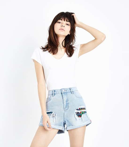 SAVE 30% OFF Blue Ripped Patchwork Panel Denim Shorts!