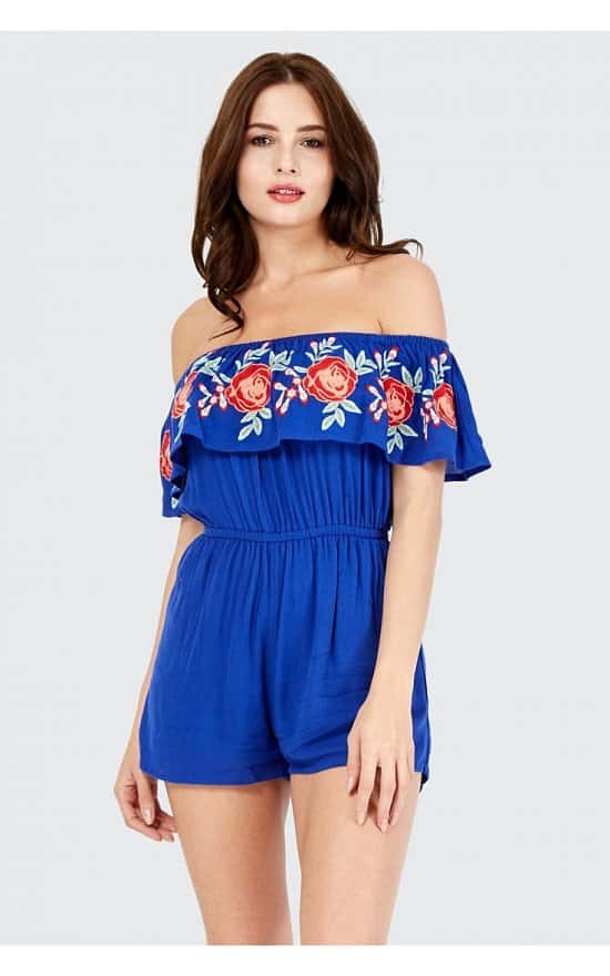 SAVE 24% OFF Embroidered Frill Bardot Crinkle Playsuit!