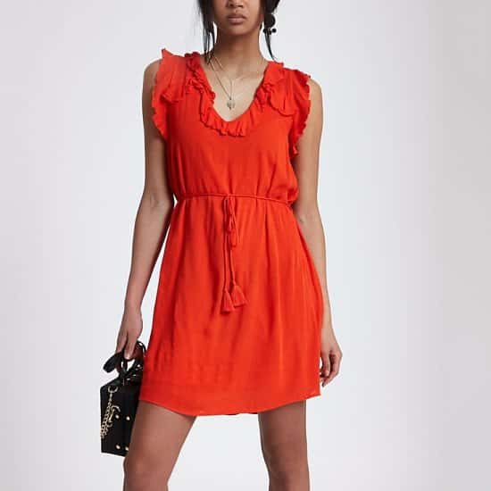 SAVE OVER 35% OFF Red lace-up back frill mini swing dress!