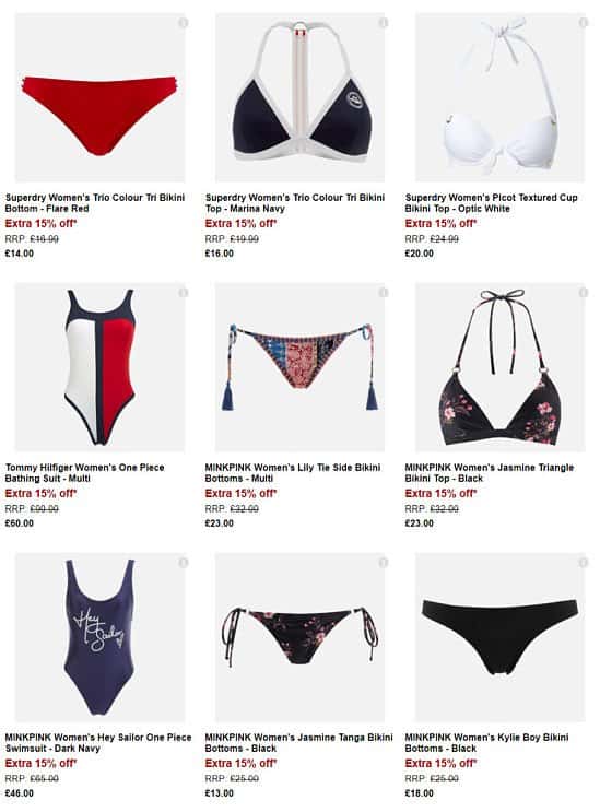 Extra 15% off Women's Swimwear including Superdry, Tommy Hilfiger, and more...