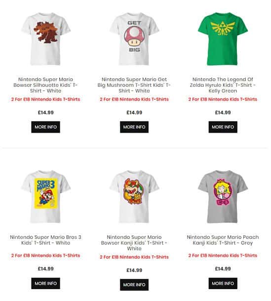 2 For £18 Nintendo Kids T-Shirts