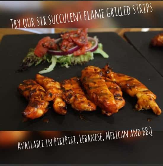 Try our flame grilled strips, marinated for 24 hours and grilled to order, available today!