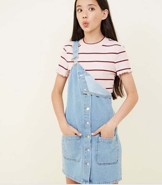 SAVE over 50% OFF Teens Pale Blue Button Front Denim Pinafore Dress!