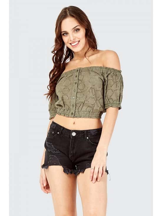 OVER 60% OFF - Broderie Button Bardot Crop Top!