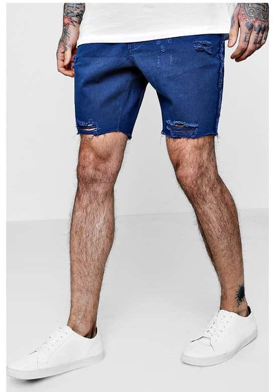 60% OFF these Slim Fit Raw Seam Distressed Denim Shorts!