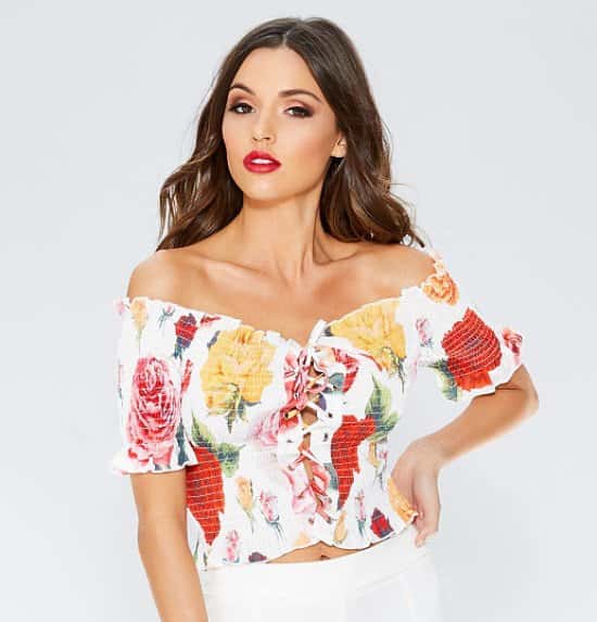 SAVE 35% on this Multicoloured Floral Bardot Lace Up Top!