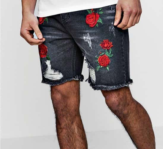 SAVE 40% on Mens Bermuda Denim Shorts with Rose Embroidery!