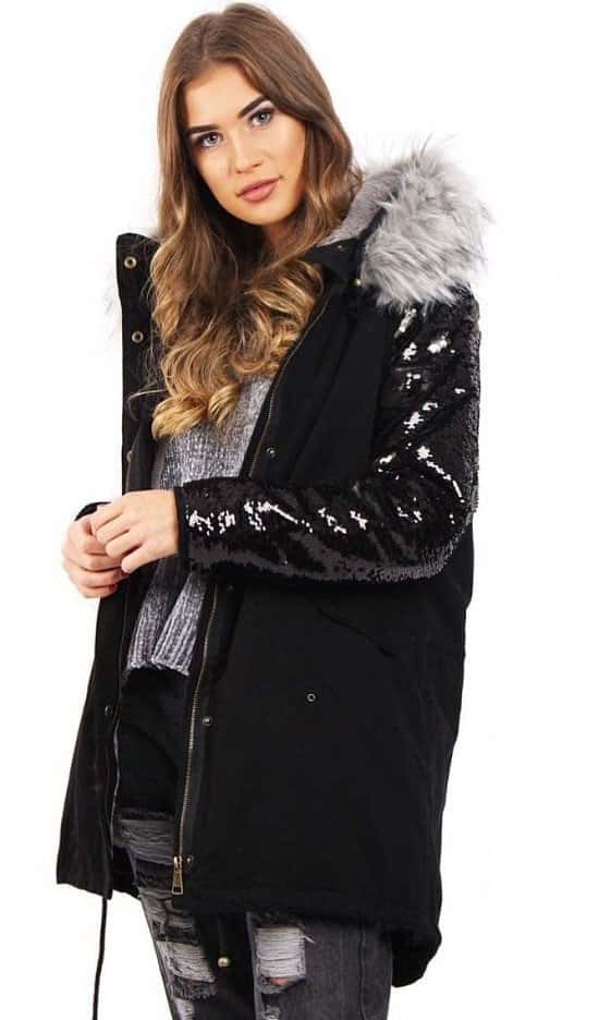 BLACK PARKA WITH GREY FAUX FUR HOOD & SEQUIN ARMS