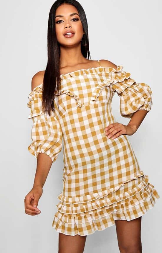 Save on this Ruffle Front Off The Shoulder Gingham Mini Dress