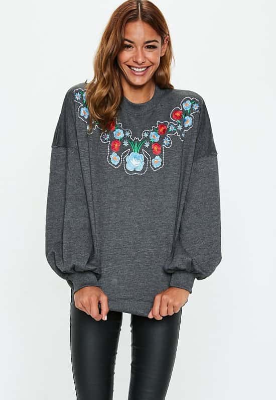 Save on this grey oversized floral embroidered front sweatshirt