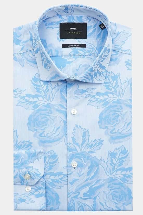Moss London Extra Slim Fit Blue Single Cuff Floral Jacquard Shirt