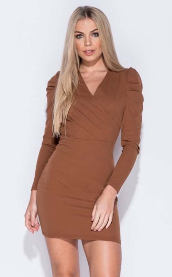 PUFFED SLEEVE WRAPPED FRONT DRESS