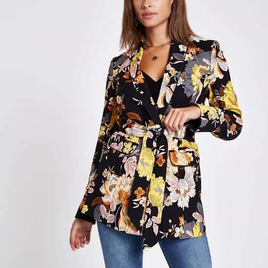 SAVE £30.00 - Black floral print belted blazer jacket!