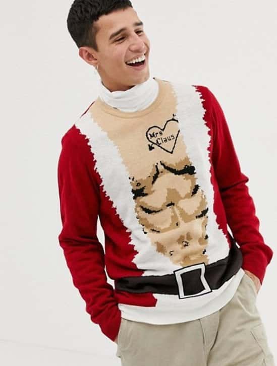 Burton Menswear christmas jumper with santa abs in red