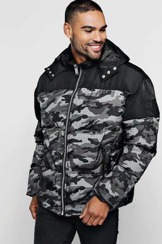 Save- Camo Contrast Hooded Puffer