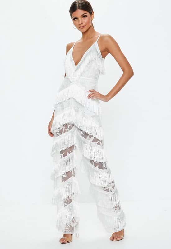 SAVE ON CHRISTMAS PARTY WEAR - Get £35.00 off this white plunge fringe lace jumpsuit!