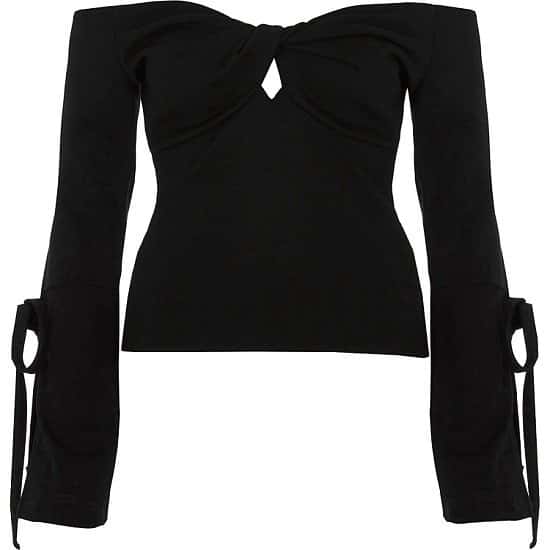 SALE ON WOMENS CLOTHING, GET £20.00 OFF - Black bardot knot front long tie sleeve top!