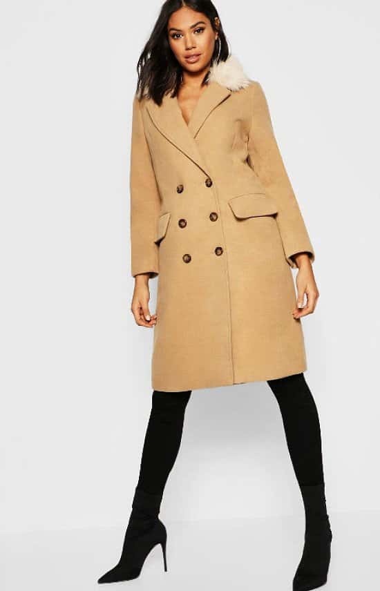 SALE, UP TO 50% OFF WOMENS CLOTHING - Tall Faux Fur Collar Double Breasted Wool Look Coat!