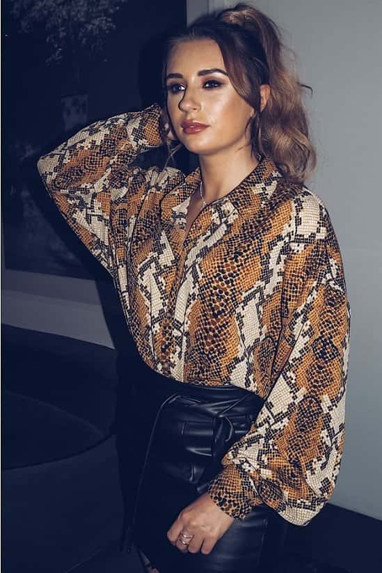 SALE, SAVE BIG ON TOPS FOR ANY OCCASION - DANI DYER MUSTARD SNAKE PRINT OVERSIZED SHIRT!