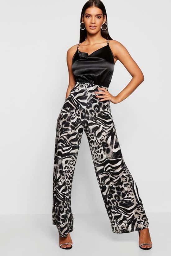 SALE, GET 60% OFF CLOTHING - Sequin Effect Leopard Print Wide Leg Trousers
