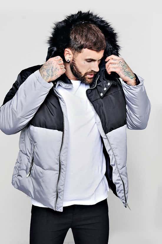 Sale, Get Up To 56% Off - COLOUR BLOCK PUFFER WITH FAUX FUR TRIM HOOD!