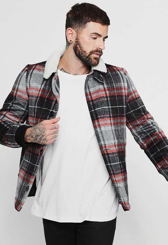 SAVE 50%- Wool Blend Check Trucker With Borg Collar