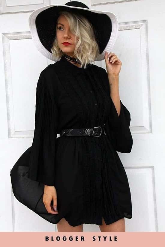 BLACK LACE UP SHIRT SWING DRESS WITH LACE AND PLEATED BELL SLEEVES