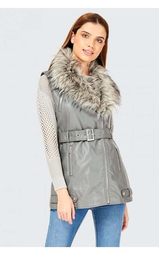 SALE - FAUX LEATHER FAUX FUR COLLAR SLEEVELESS JACKET!