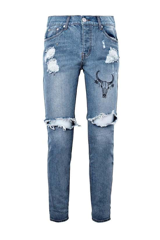 SALE - SKINNY FIT RIPPED KNEE JEANS WITH PRINT!