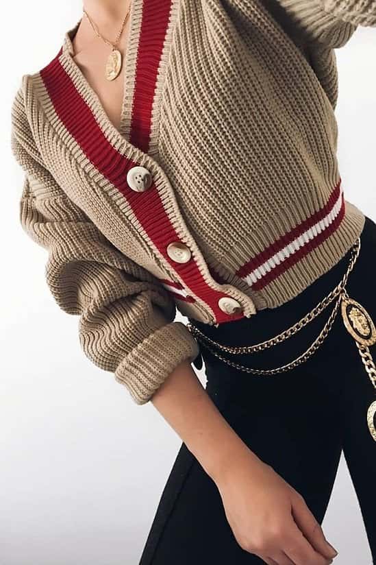 SALE - Beige Cricket Cardigan With Red And White Stripe!