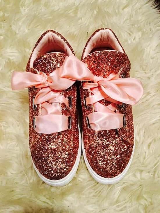 Rose Gold Glitter Pumps with Satin Ribbon Laces.