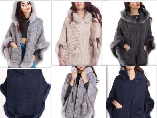 FAUX FUR KNITTED HOOD PONCHO