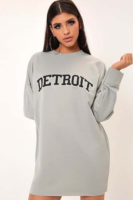 SALE - Grey Detroit Slogan Distressed Hem Sweat Dress