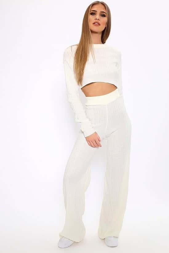 SALE, SAVE 80% - Cream Knitted Lounge Flare Trousers