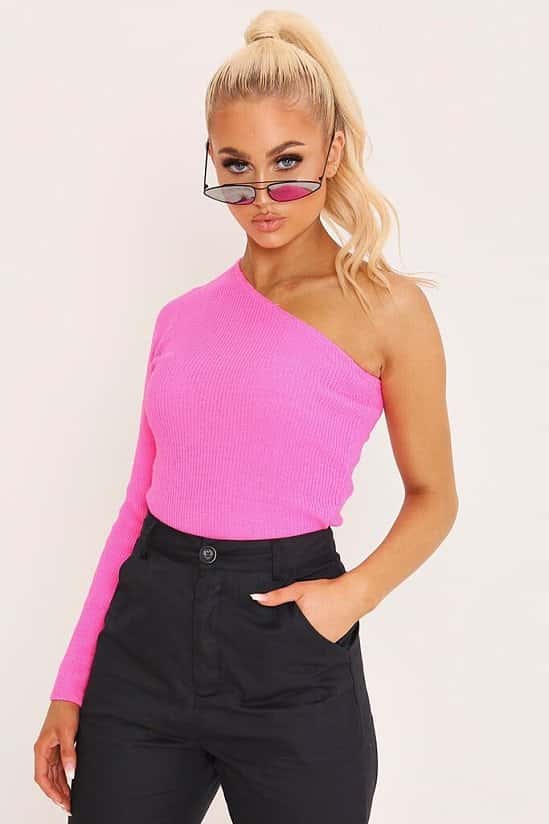 50% OFF NEON - Hot Pink One Shoulder Long Sleeve Knitted Jumper