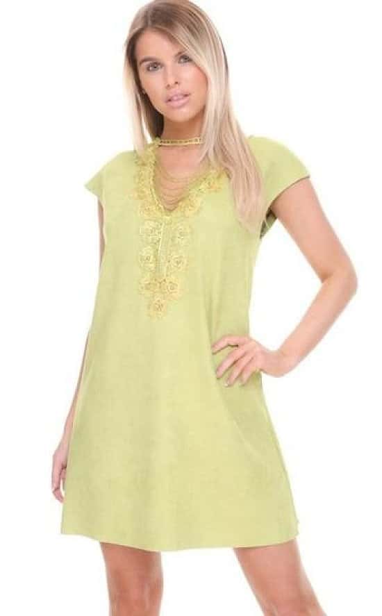 Green - Faux Suede A- Line Swing 60's Style Capped Beaded Neck Sleeve Dress
