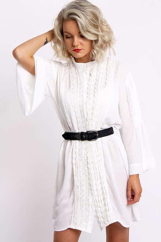 WHITE LACE UP SHIRT SWING DRESS WITH LACE AND PLEATED BELL SLEEVES