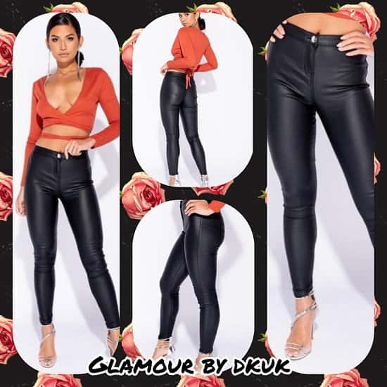 LEATHER LOOK COATED HIGH RISE JEGGINGS/JEANS