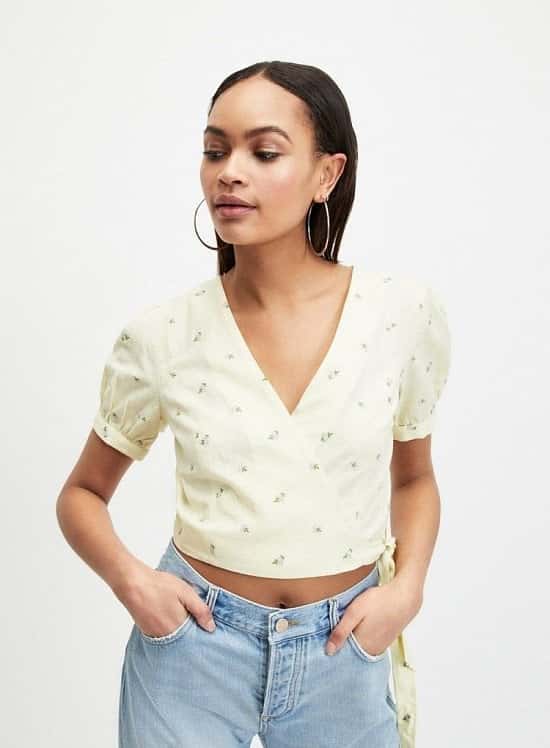 Up to 60% off sale - Lemon Ditsy Print Embroidered Wrap Top