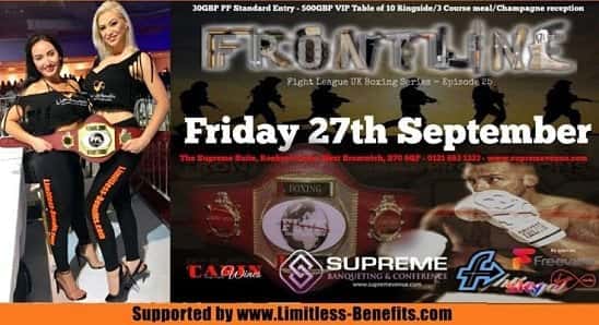 win 2 free tickets to Front line Championship boxing supported by Limitless Benefits Ring Girls