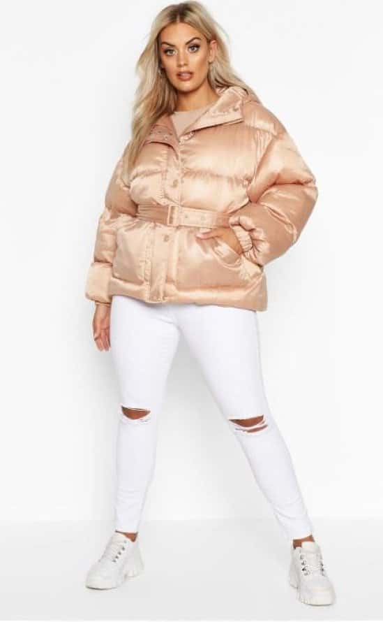 46% OFF - Plus Satin Look Belted Funnel Neck Puffer Jacket