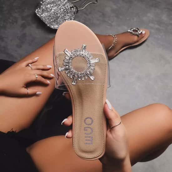 SALE - Darling Diamante Detail Flat Sandal In Nude Patent
